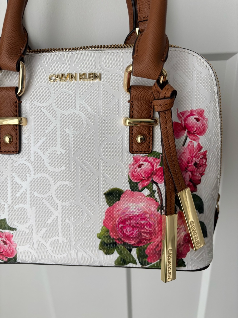 Calvin Klein White Floral Dome Satchel with Brown Trim and Gold Hardware - Picture 2 of 6